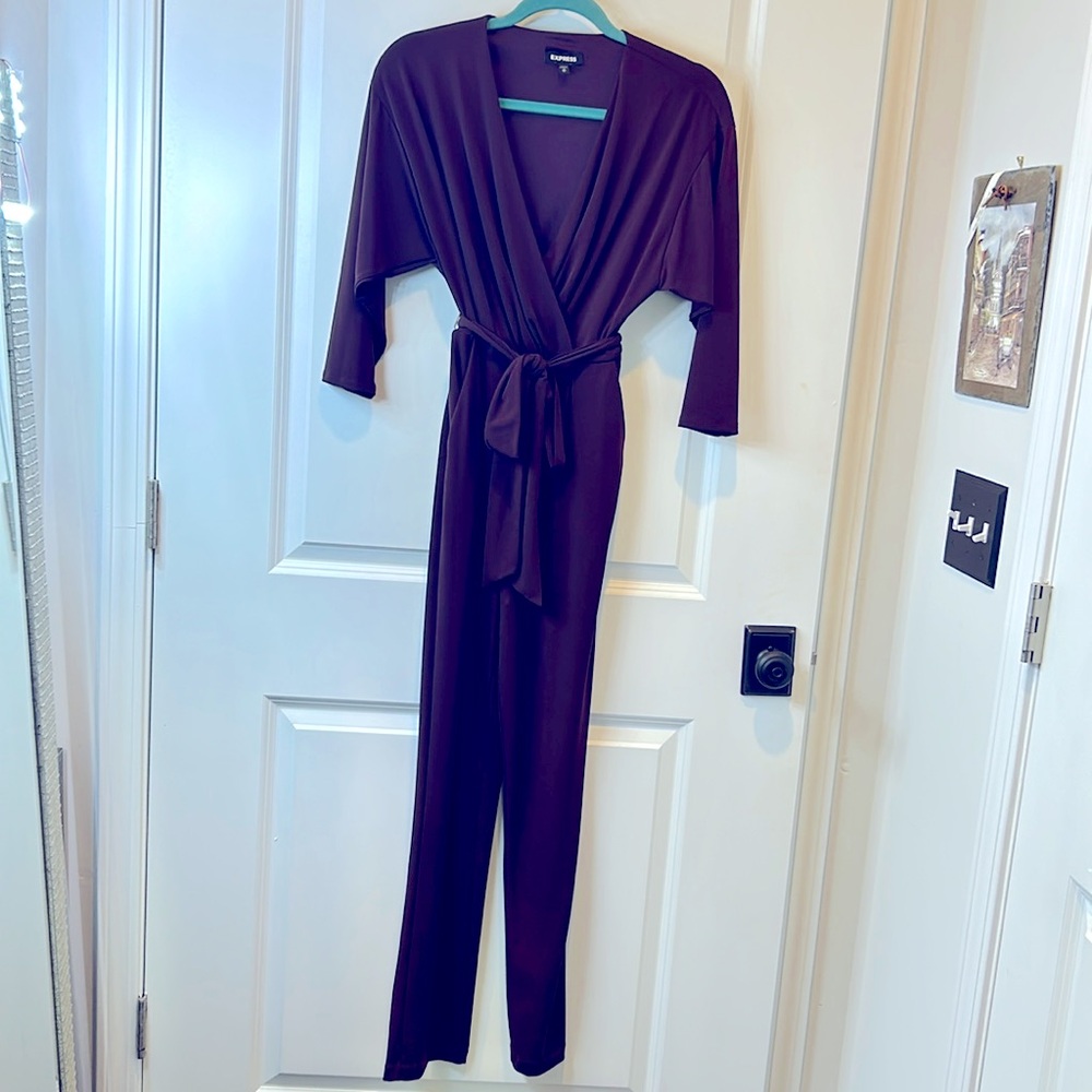 Express eggplant vneck tie waist jumpsuit 💟
